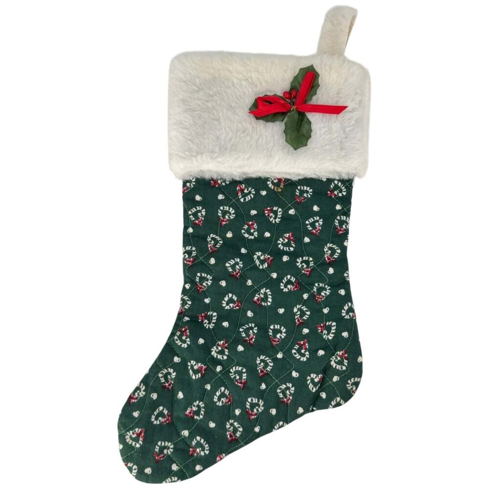 Christmas Stocking Hanging Green Holly Red Bow Candy Cane Heart Pattern 14"x8"